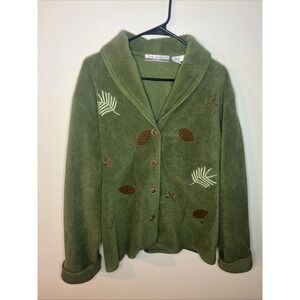 Vintage - ChinaWear Women Green Fleece Cardigan - Embroidered Leaves Nature XL